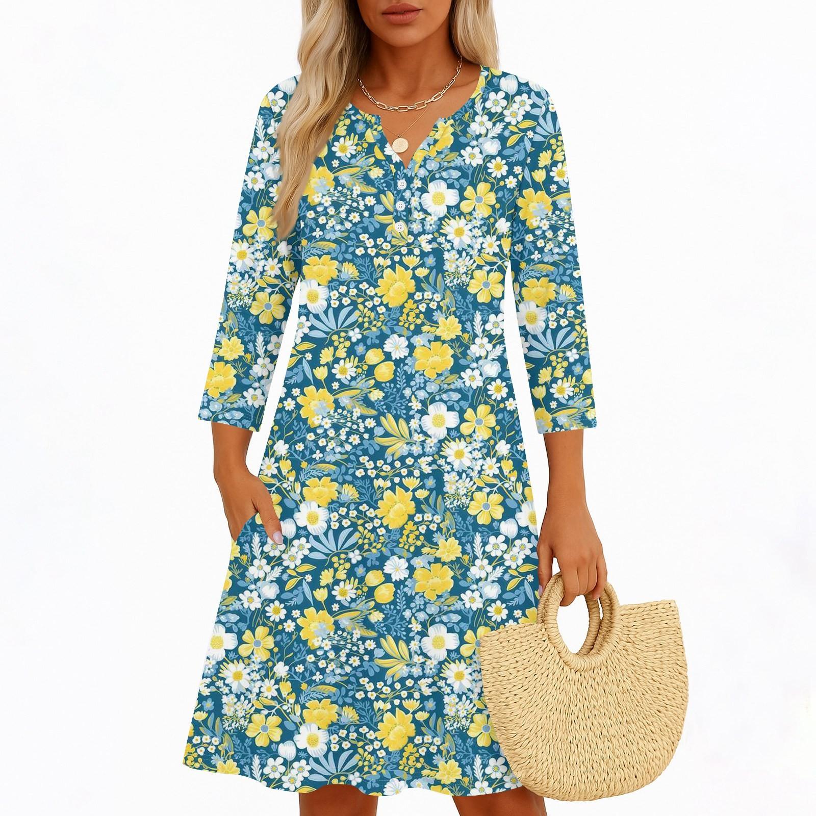 

Платья для женщин Весенние сарафаны Женское повседневное платье с рукавом 3/4 V-образный вырез Бохо Платье с цветочным принтом S