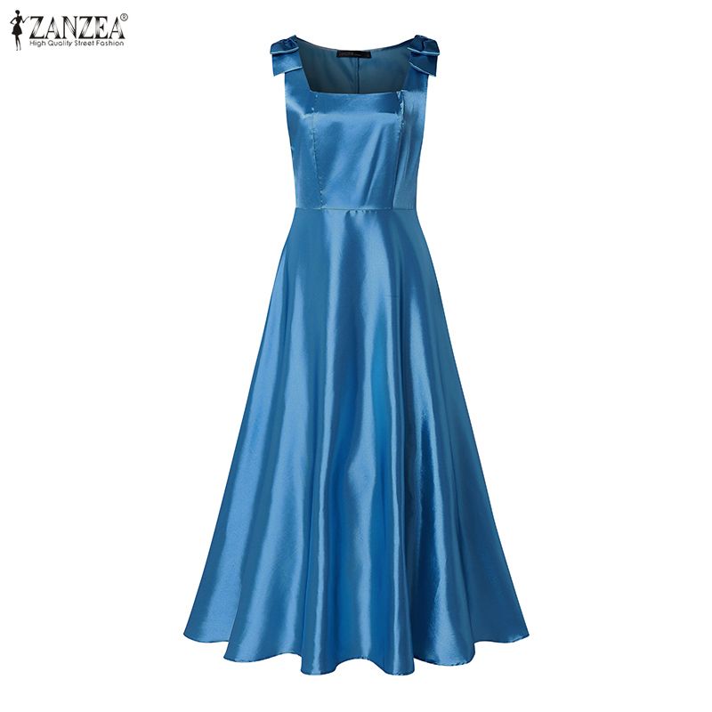 ZANZEA Women Elegant Casual Square Collar Summer Sleeveless Satin Dress