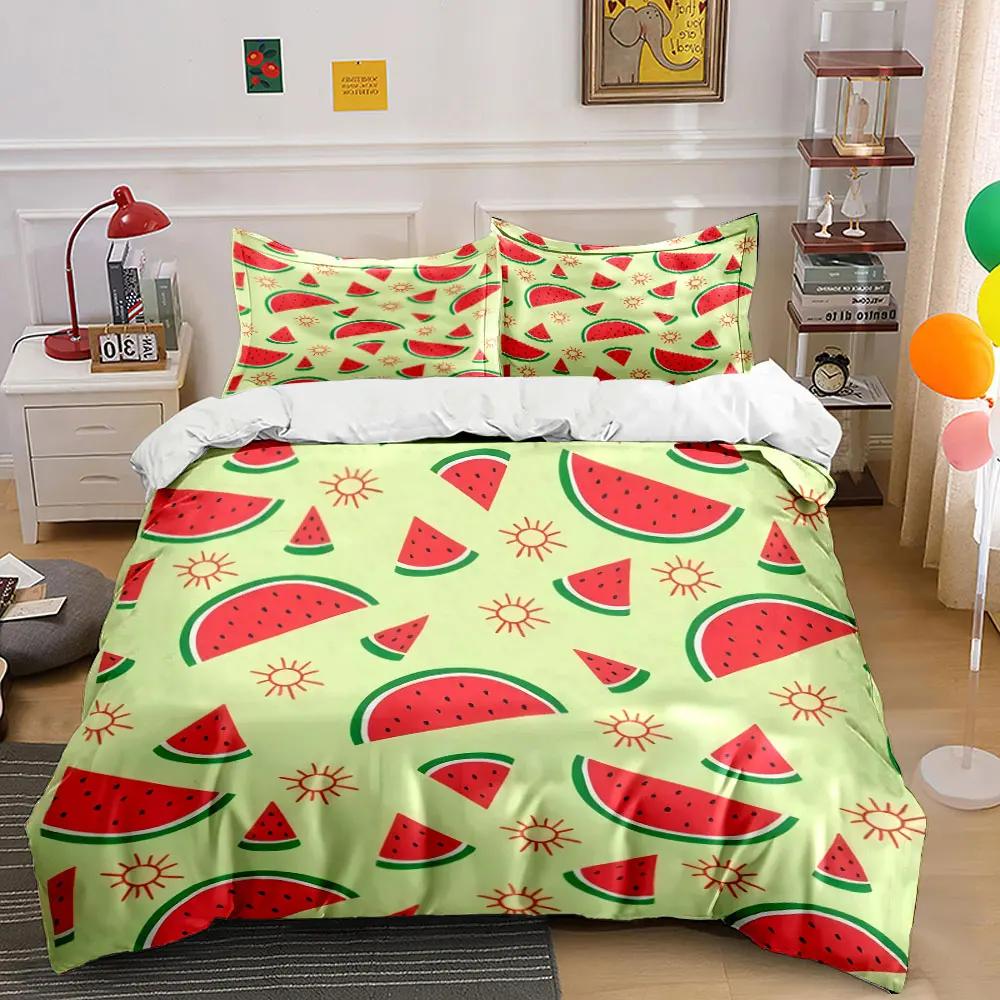 Wassermelonen-Muster Sommer-Deko-Set Bettwäsche-Set mit 1 Bettbezug 2 Kissenbezügen Einzel Doppel King Queen Geschenk