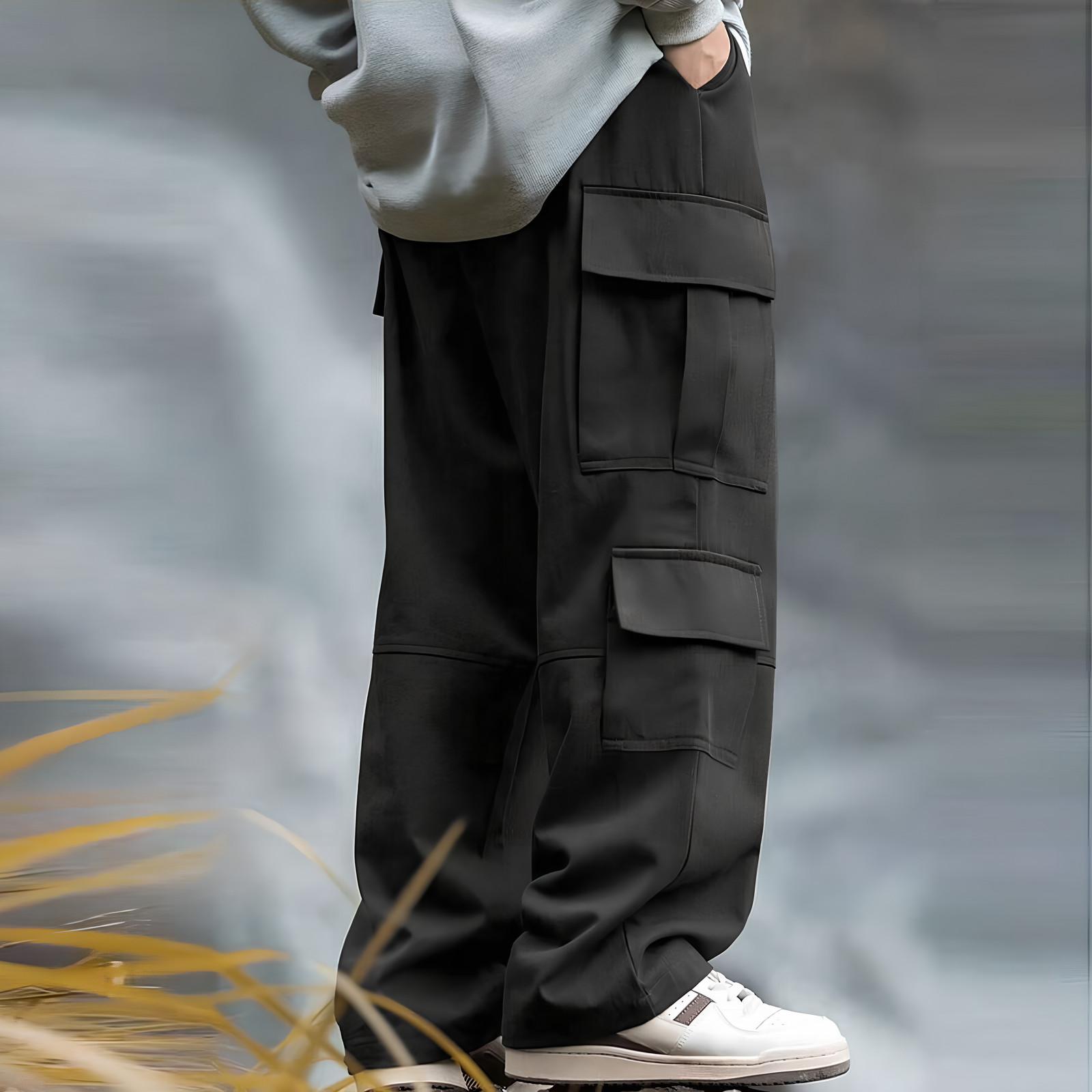 

Men s Loose Casual Multi-pocket Work Pants, Youth Stretch Waist Drawstring Pants S