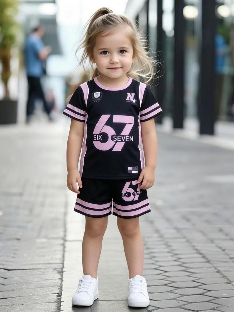 Toddler Girls Cool Number 67 Jersey Print 2-Piece Outfit, Summer Black & Pink Sporty Clothes for Kids, Perfect for Playwear & Outdoor