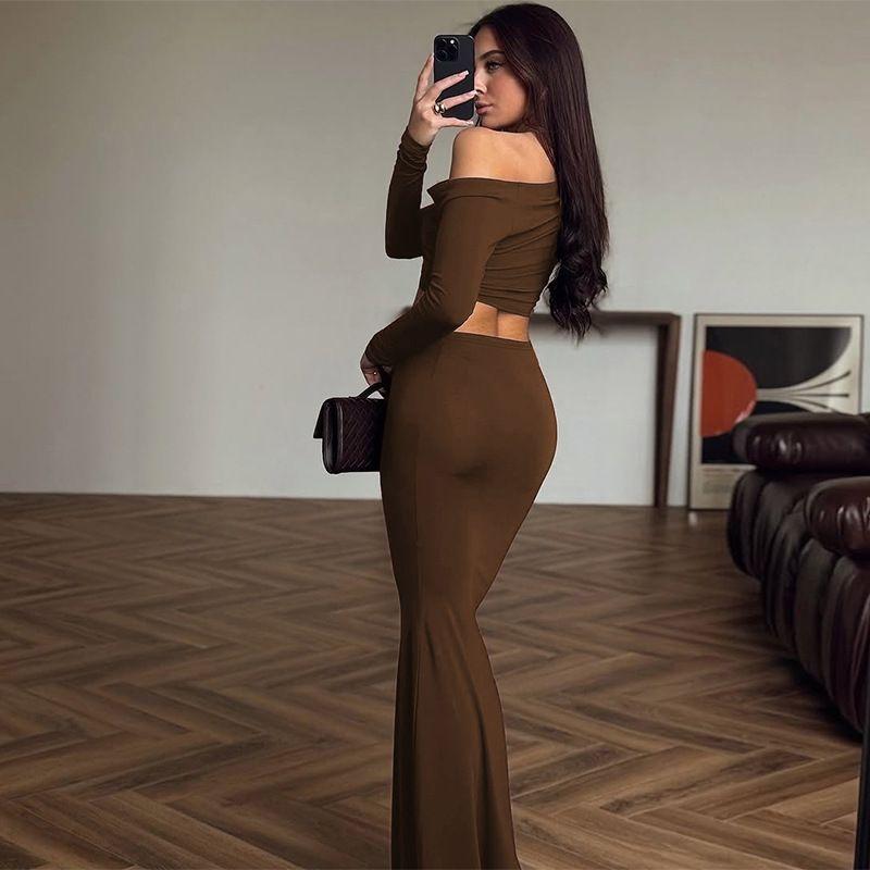 Fashion 2025 New Arrival Fashion Shoulder-Baring Long Sleeve Slim-Fit Top Skirt Suit Sheath Fishtail Dress Two-piece Set