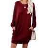 Women's Fashionable Long-sleeved Solid-color Round-neck Pocket Dress