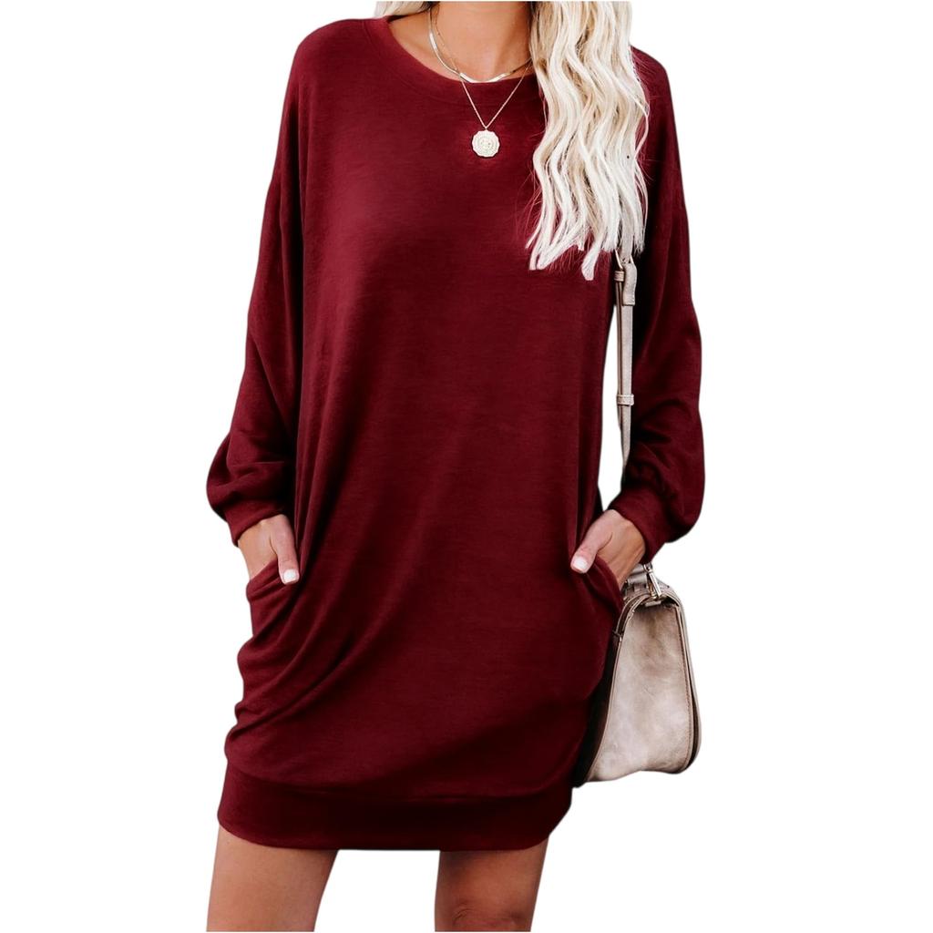 Women's Fashionable Long-sleeved Solid-color Round-neck Pocket Dress