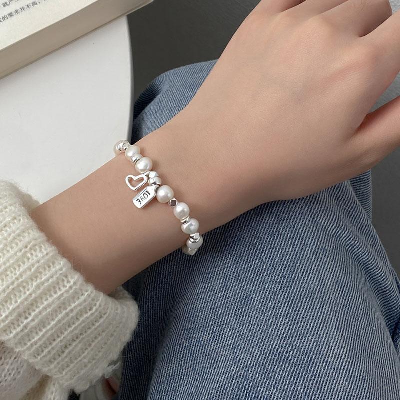 Handmade 925 Sterling Silver Luxury Freshwater Pearl Beads Heart Charm Bracelet Women Fine Jewelry