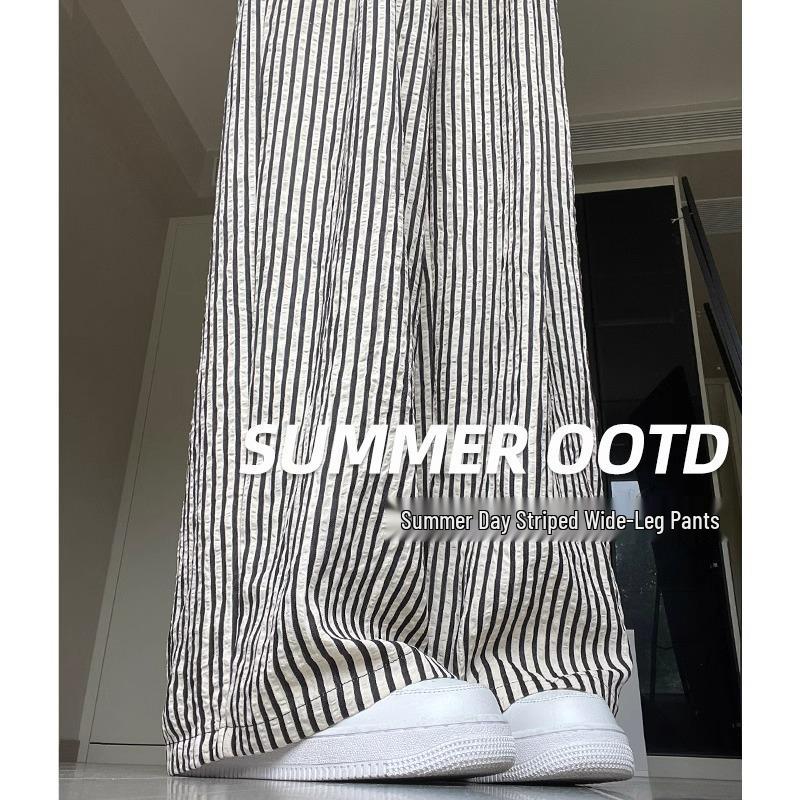 Women's High-Waisted Striped Wide-Leg Summer Pants - Petite, Loose, Slimming, Casual, Drapey.