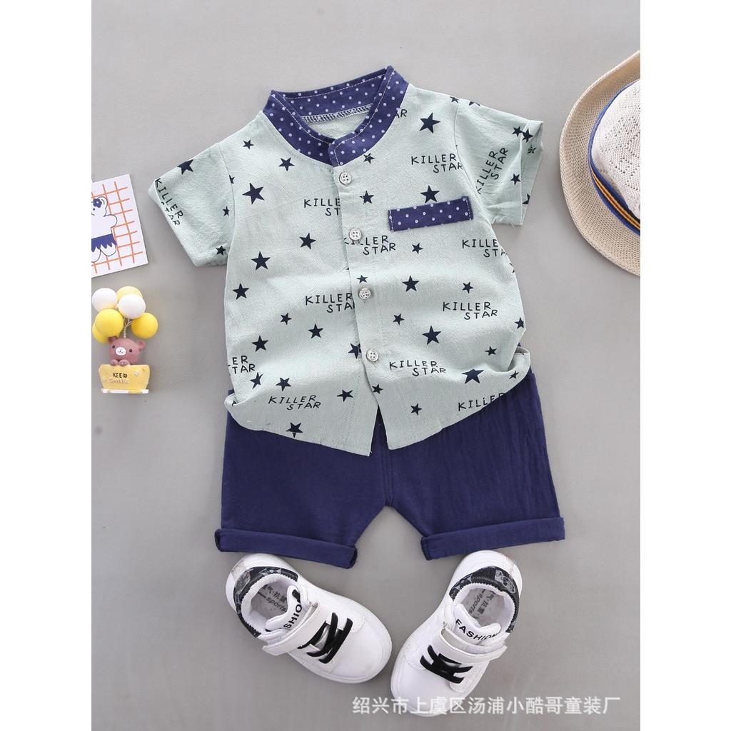 Summer Printed Pyramid Shirt Short Sleeved Shorts Set for Male and Female Infants and Young Children