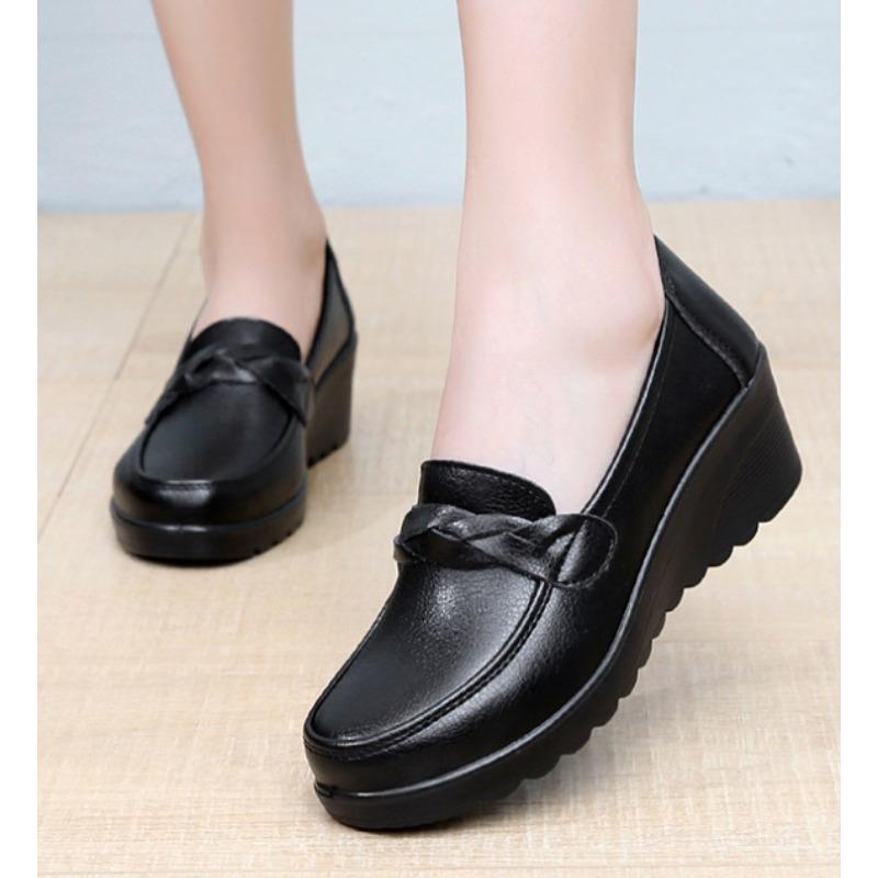 Spring Autumn Fashion Women's Shoes Woman Soft Leather Wedge Single Shoes Mother High Heels Comfort Black Work Shoes