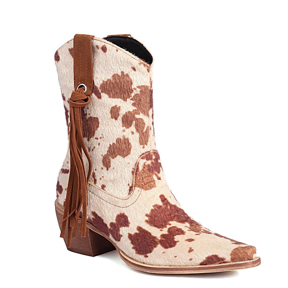 Women's Vintage Pointy Toe Horsehair Cowboy Boots Retro Leopard Block Heel Shoes