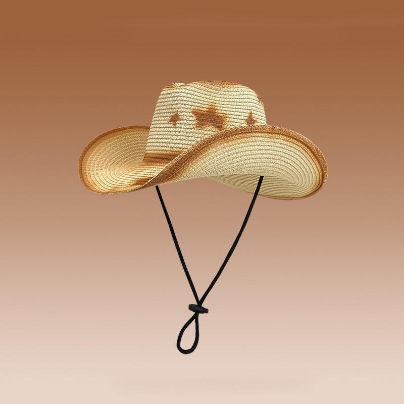 

Japanese Retro Star Cowboy Straw Hat with Windproof Strap, Unisex, Outdoor Sun Protection, Daily Casual Outing Wide-Brimmed Straw Hat бежевий