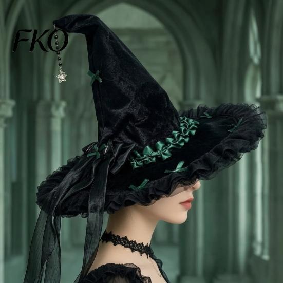 Costume Accessories for Women Halloween Witch Hat Women, Large Black Velvet Wizard with Mesh Ruffle Brim Adults Costume, Cosplay Party Home Decor