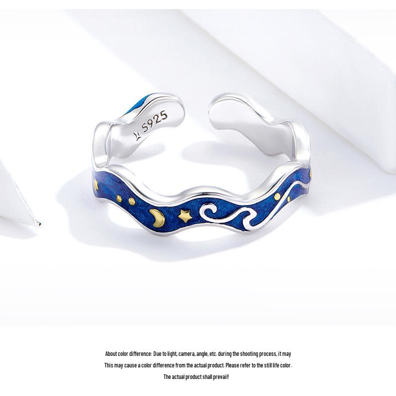 Everle Blue Starry Sky Sterling Silver Gold-Plated Open Ring S925