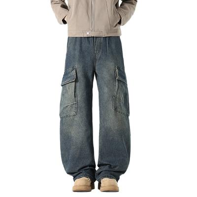 Large Pocket Retro Work Jeans Men's Loose Elastic Waist Drawstring Trousers