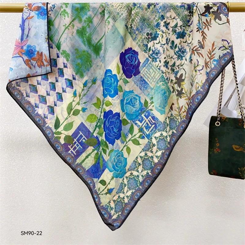 Double-Sided Faux Silk And Wool Printed Scarf For Women Spring And Autumn 90Cm Square Scarf Foulard Bandana Femmel Headscarf