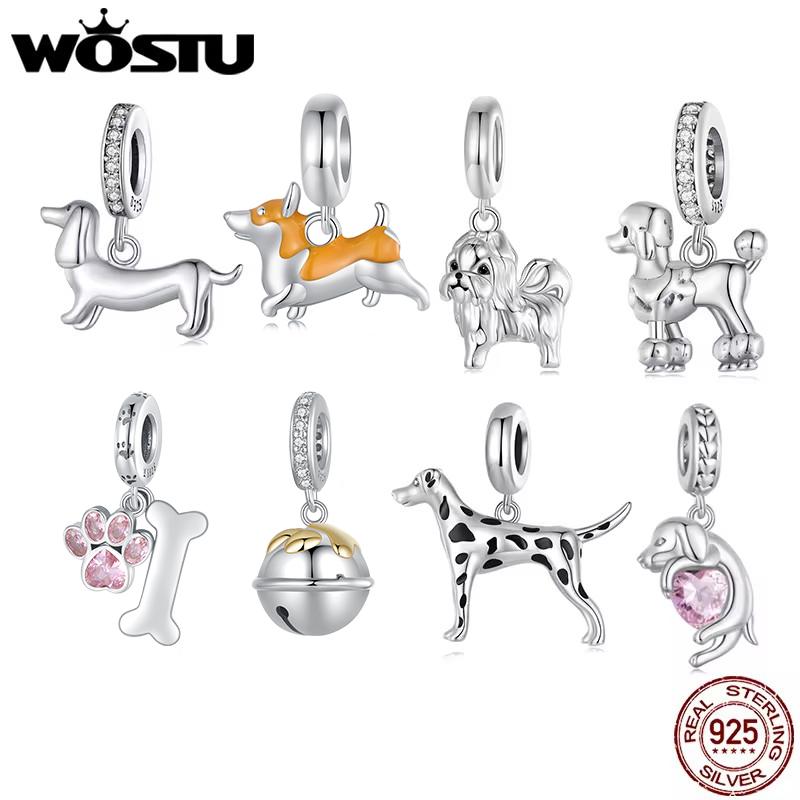 WOSTU 925 Sterling Silver Dog Charms Yellow Corgi Pendant Pink Pet Paw Dachshunds Shih Tzu Dog Dalmatian Bead Fit DIY Bracelet2