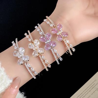 Double Layer Zircon Butterfly Pearl Open Bangle: Light Luxury Korean Style Bracelet for Women.