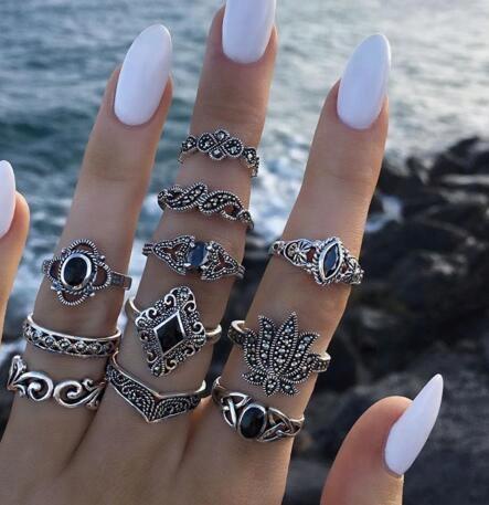 Silver Retro Punk Boho Ring Set 12