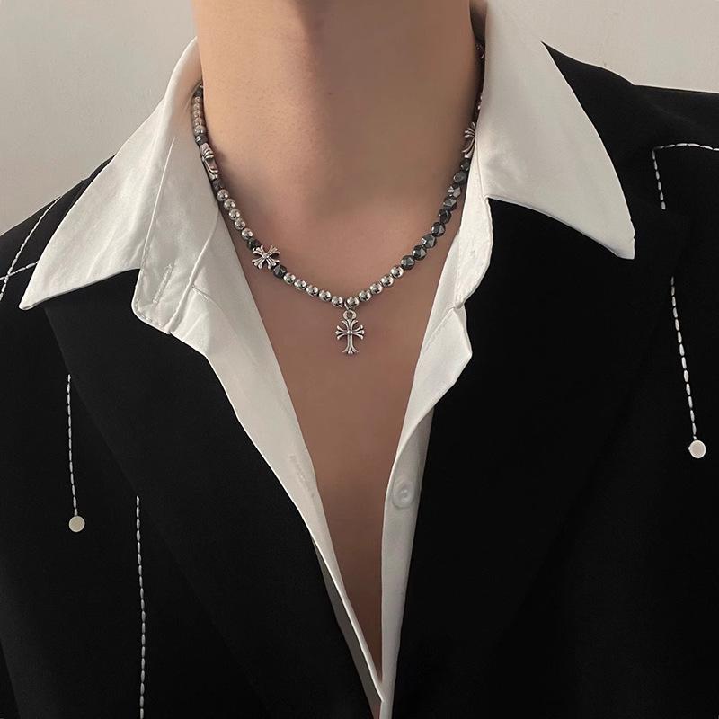 Personalized Beaded Cross, Black Gallstone Splicing Necklace, Men's Retro High-end Sense, Versatile Neck Chain, Women's Niche Couple Tide
