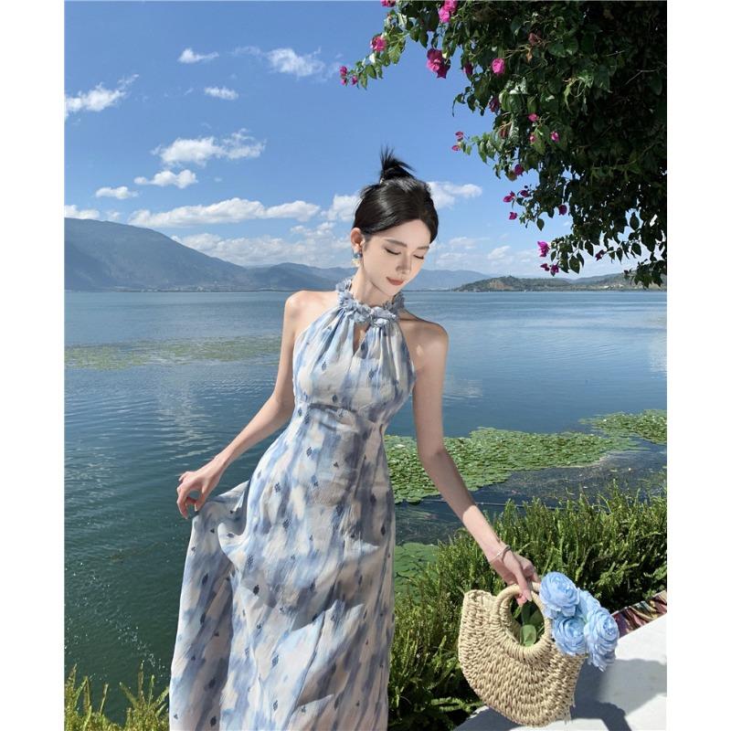 Ladies Summer Embroidery Vintage Hanging Neck Chiffon Floral Dresses