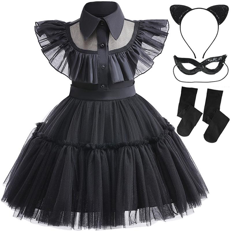 Kinder Familien Cosplay Kostüm Für Mädchen Gotisches Schwarzes Kleid Kinder Karneval Halloween Geburtstagsfeier Verkleidungsoutfits 1-6 Jahre