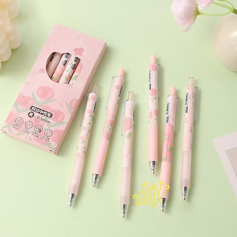 6 Stück süße rosa Tulpen-Gelstifte, elegant, einfach, drückend, neutrale Stifte, Kawaii-Stift-Set, Schulbedarf, ästhetische Schreibwaren, Geschenke
