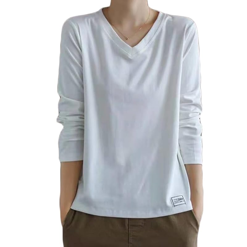 

[Fosys] T-shirt cut and sew ladies v neck tops long sleeve simple layered clothing layered (M, white)