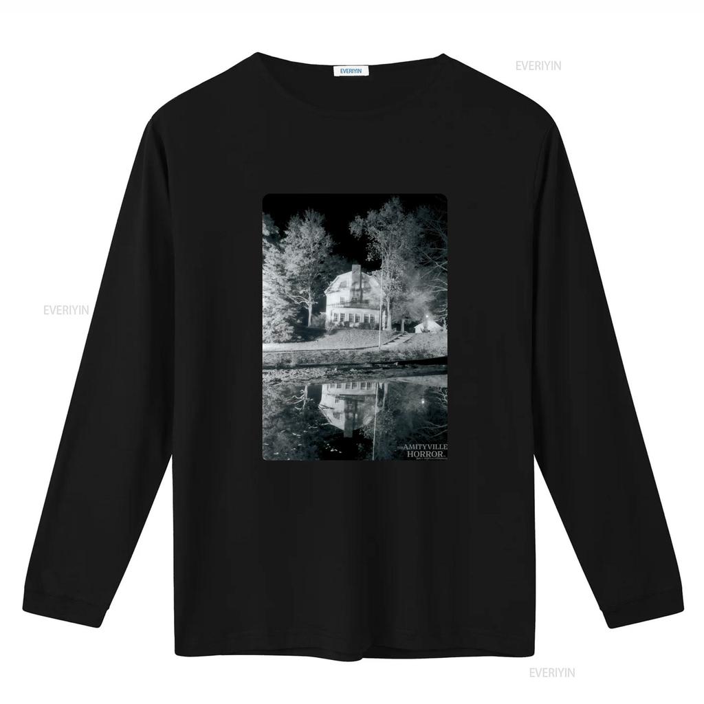 Amityville Horror Classic Black T Shirt for Adults Spooky Nighttime House Print Design Vintage Washed Unisex Designer Clothes