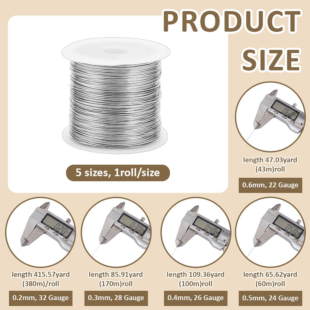 5 Rolls 5 Sizes Soft Stainless Steel Wire, Round, Non-Tarnish, Stainless Steel Color, 0.2~0.6mm, 22~28 Gauge, 1 Roll/size, 5 Sizes, 5 Rolls/set
