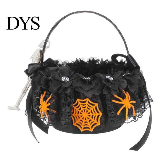 Kinder Süßigkeiten-Sammelkorb Schwarzer Blumenmädchenkorb mit Griff und Satinband, Gotischer Spitzen-Skelett-Kleinteile-Aufbewahrungsbehälter Halloween-Snack