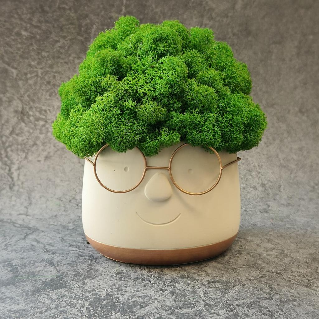 Large flowerpot with glasses, decorated with moss