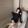 Pure Desire Hot Girl One-word Off-the-shoulder Long-sleeved Knitted Dress Women Sexy Slim Tight Drawstring Package Hip Short Skirt