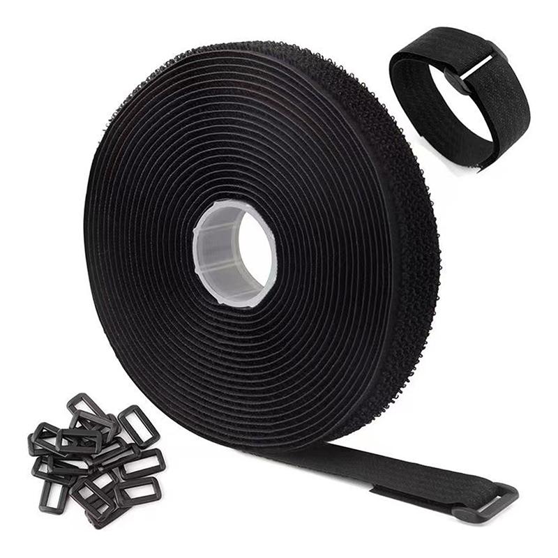 5M Reusable Nylon Hook Loop Fastening Cable Tape Cut-To-Length Self-Adhesive Securing Strap With Buckle For Organizer Or Storage