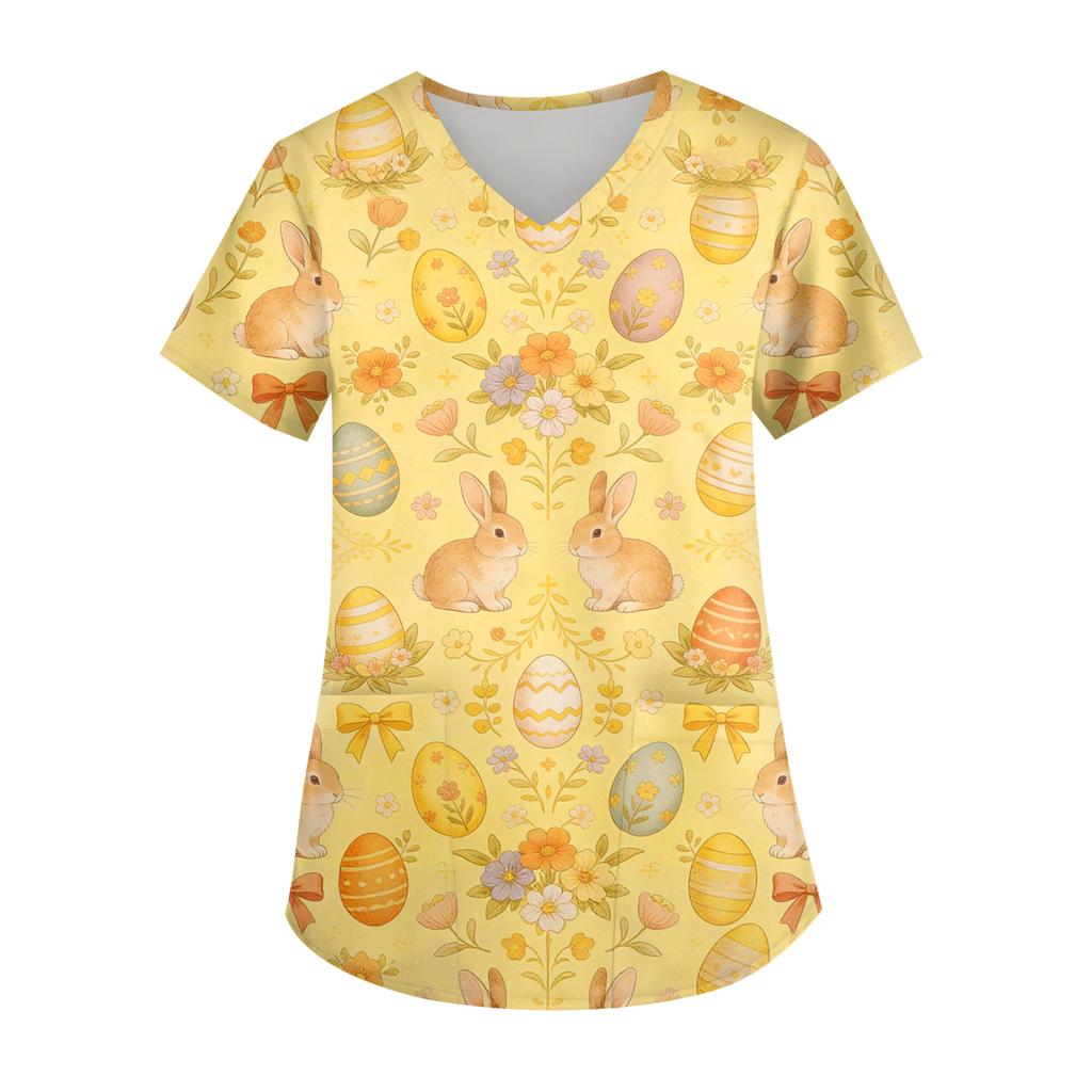 Ladies' Easter printed fashionable V-neck pocket short sleeved uniform and caregiver top