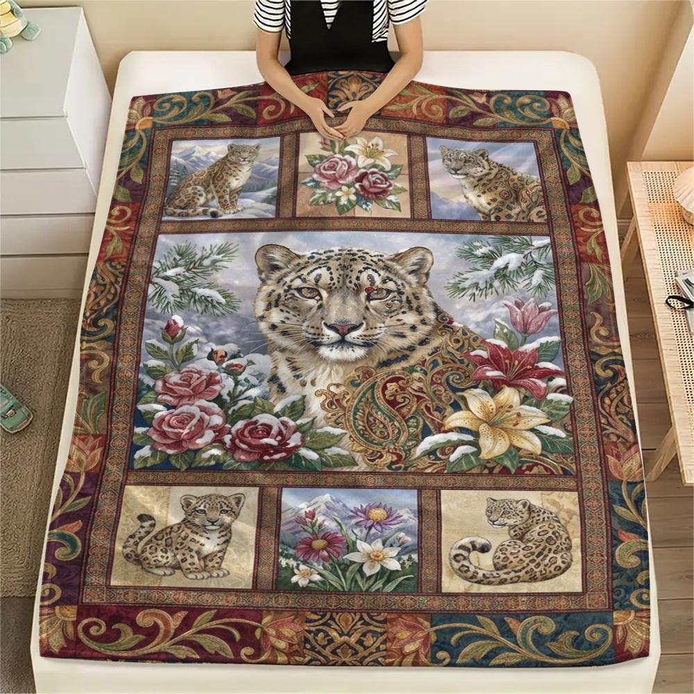 Snow Leopard Animal Print Flannel Blanket, High Quality Comfortable for All Seasons, Home Decor, Warmth and Comfort, Perfect for Christmas Gifts124