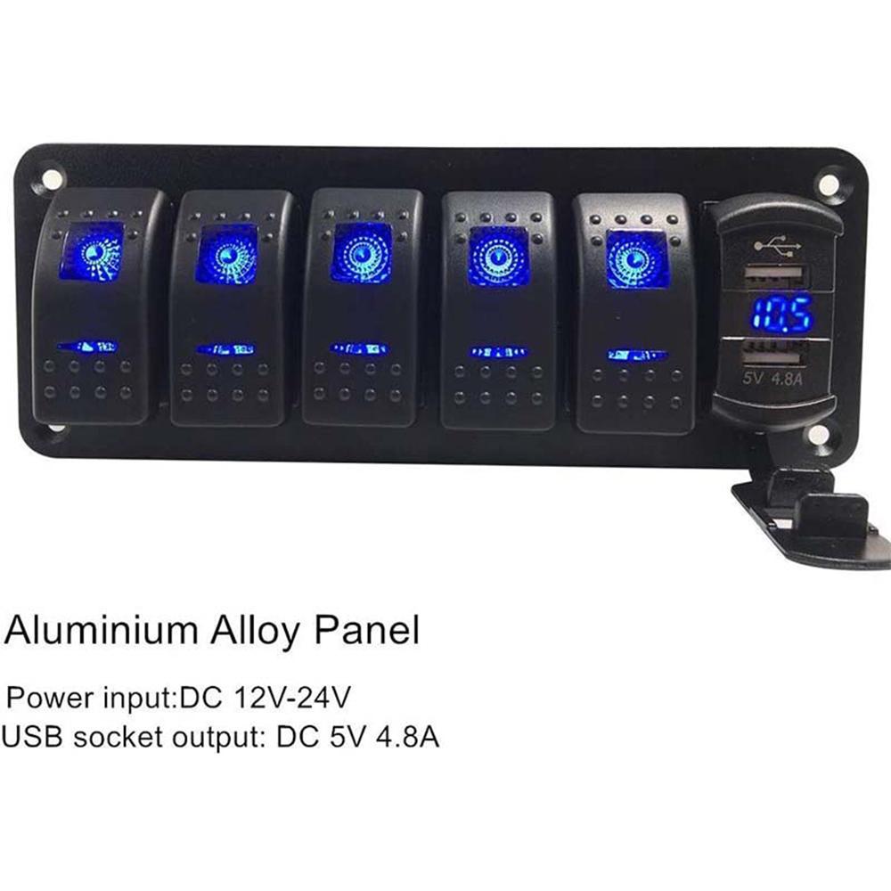 Panneau 6 Interrupteurs LED Bleues IP65 Pour Bateau 12V/24V – Pré-câblé Avec Fusibles 5A/10A/15A Et Protection Surcharge
