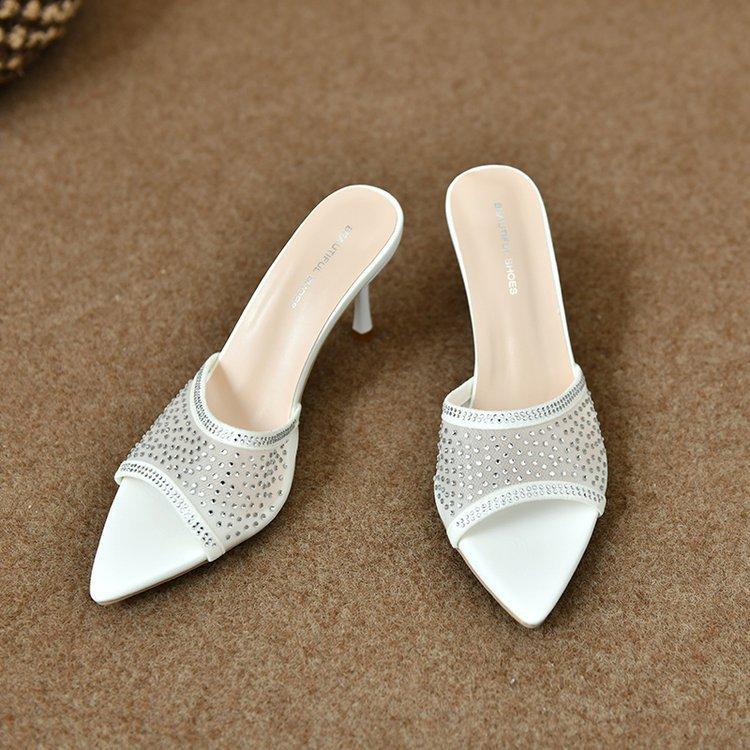 

2024 new open-toed pointed mesh rhinestone one-word drag women summer wear temperament thin heels high heels cool slippers women 34 белый