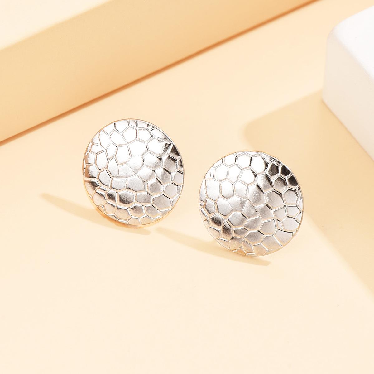 Simple INS Style Geometric Round Stainless Steel Stud Earrings for Women - Irregular Cracked Design