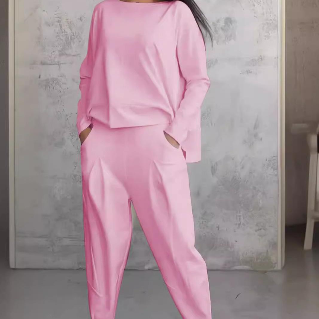 

IHUASU Женский однотонный повседневный брючный костюм из двух частей с круглым вырезом и длинными рукавами для маленьких ног XXXL розовый