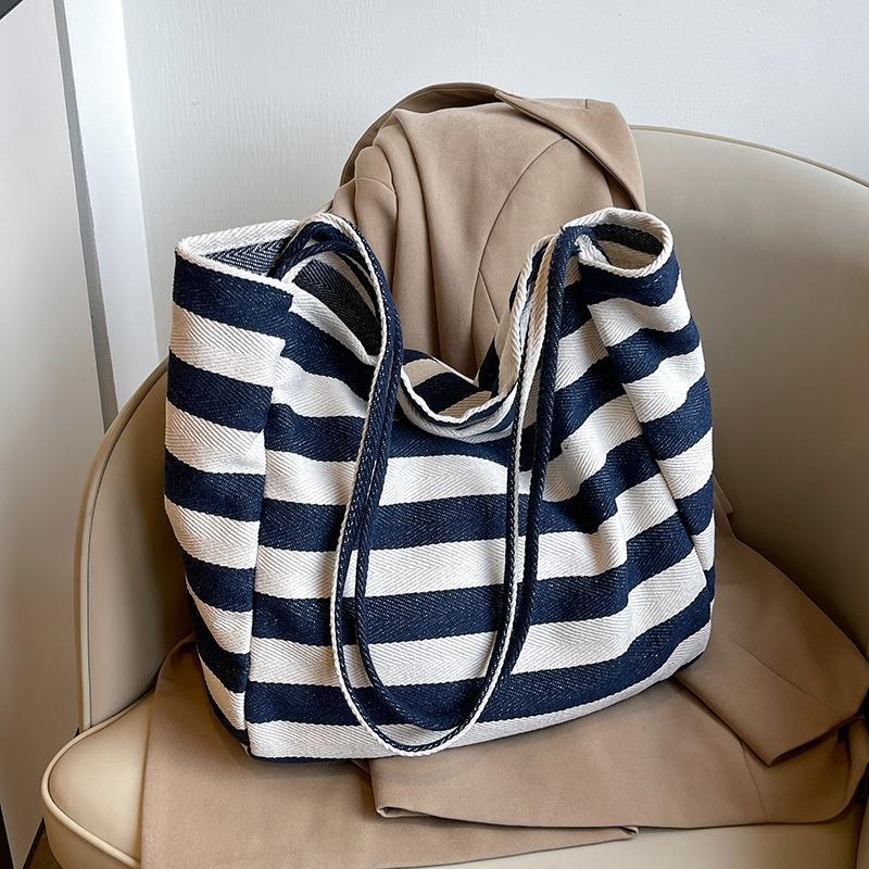New Canvas Bag Large Capacity Casual Versatile Tote Bag Shopping Bag Striped Handbag Women