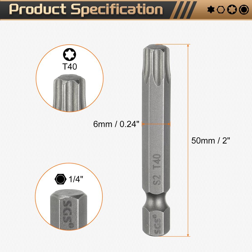 Torx Head Screwdriver Bit T5-T50 1/4" Hex Shank 50mm Magnetic No Hole Tip Tamper Proof 6 Point Star S2 Screw Driver Drill Bits