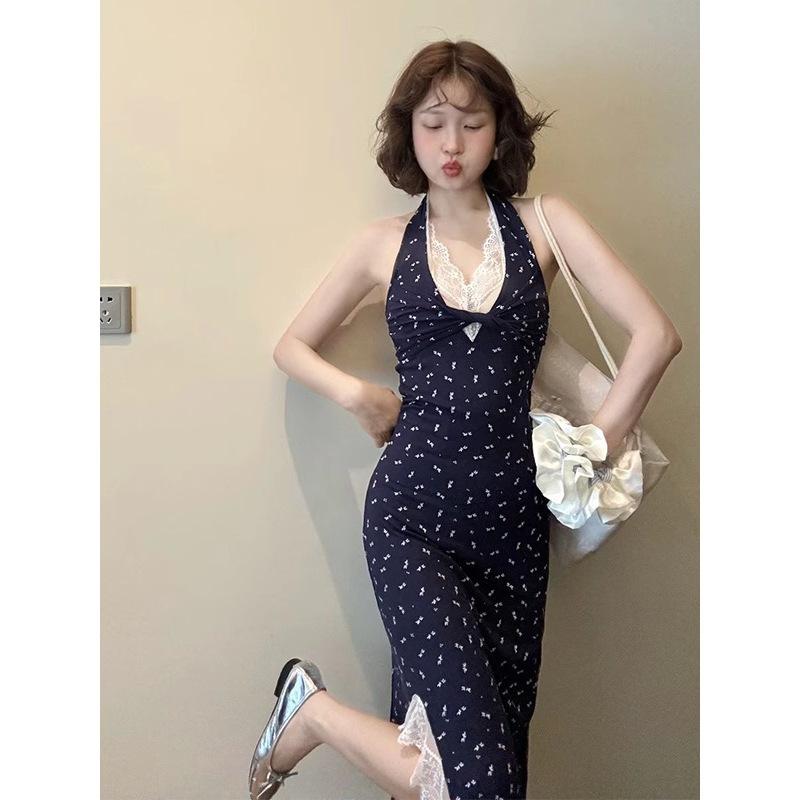 Korean lace splicing floral suspender dress for women's new small man pinching waist and looking thin hanging neck long skirt