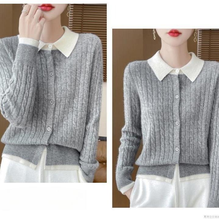 Spring and Autumn Women's Color-Block Cardigan Sweater Collared Loose Soft Knit Cardigan Top