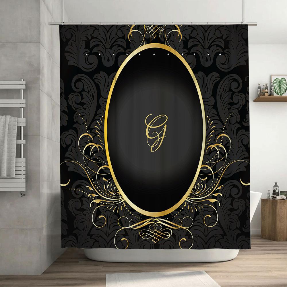 Luxurious Black Gold Bathroom Shower Curtain Decorative Oval Initial Monogram Design for Personalized Home Decor Modern Interior