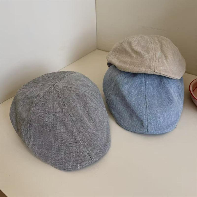 Retro linen gray forward hat women's summer casual versatile fashion cap showing face small literary beret