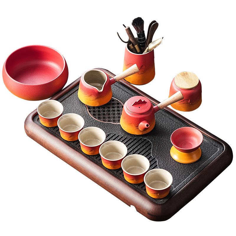 Light luxury red orange gradual change coarse pottery tea set guest tea kung fu set merchandise business enterprise
