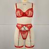 European & American Fashion Metal Chain Embroidered Sheer Bra Lingerie Set with Leg Garter