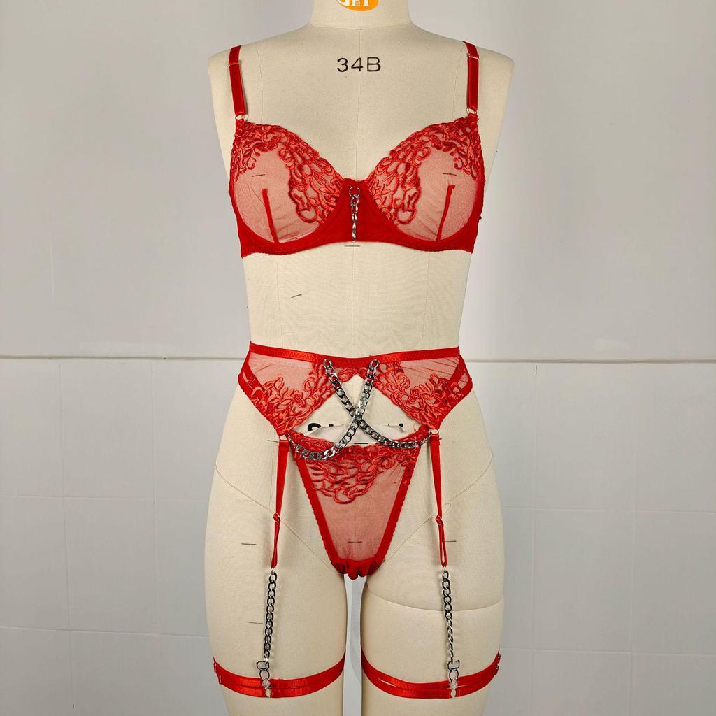 European & American Fashion Metal Chain Embroidered Sheer Bra Lingerie Set with Leg Garter