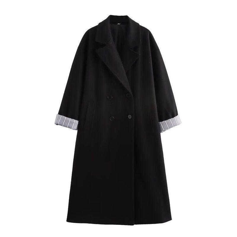 

Western Style 2024 Autumn and Winter New Women clothes Loose Double Breasted Lapel Long sleeve Simple Coat 8372303 Black L