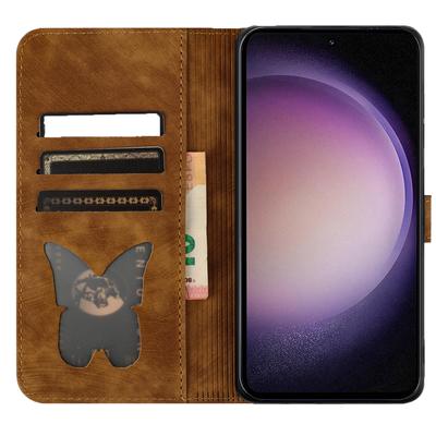 Etui na Samsunga Galaxy S23 z nadrukiem motyla i kota, skórzane etui folio na telefon