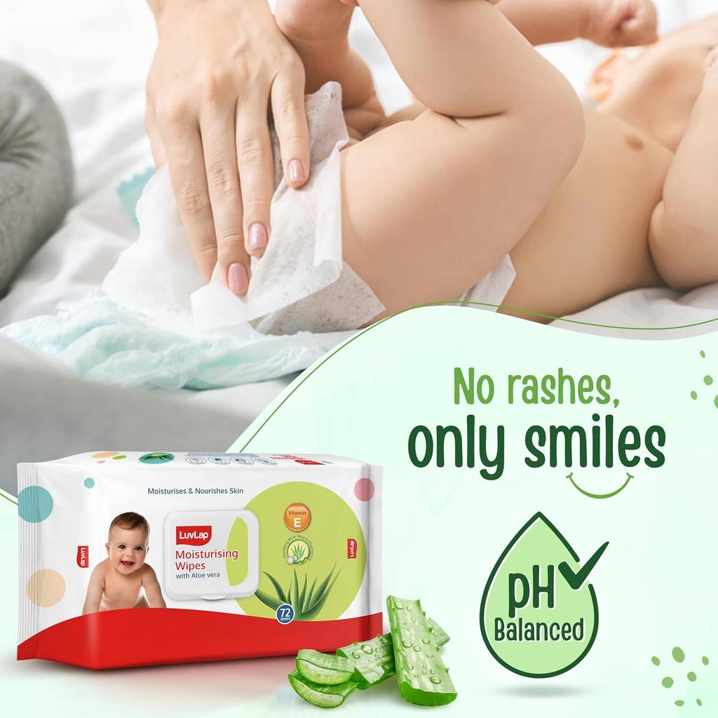LuvLap Moisturising Baby Wipes With Aloe Vera And Chamomile Extracts Gentle Care For Delicate Skin 72 Wipes X Pack Of 3 With Lid Seal